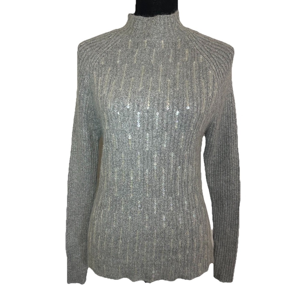 Jaclyn Smith VTG Silk Angora Blend Mock Neck Gray Sequin Ribbed Sweater SMALL